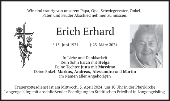 Traueranzeige von Erich Erhard von merkurtz