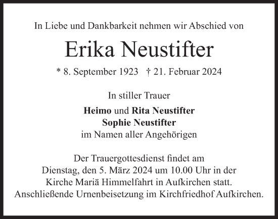 Traueranzeige von Erika Neustifter von merkurtz