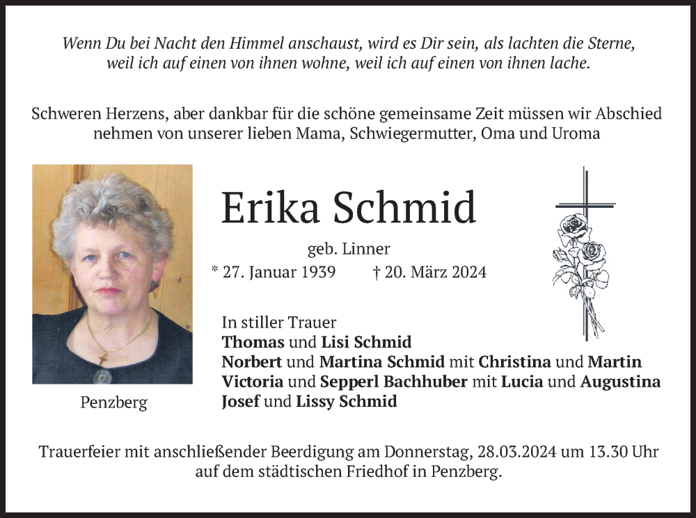  Traueranzeige für Erika Schmid vom 23.03.2024 aus merkurtz
