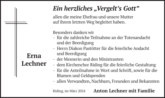 Traueranzeige von Erna Lechner von merkurtz