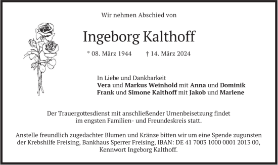 Traueranzeige von Ingeborg Kalthoff von merkurtz