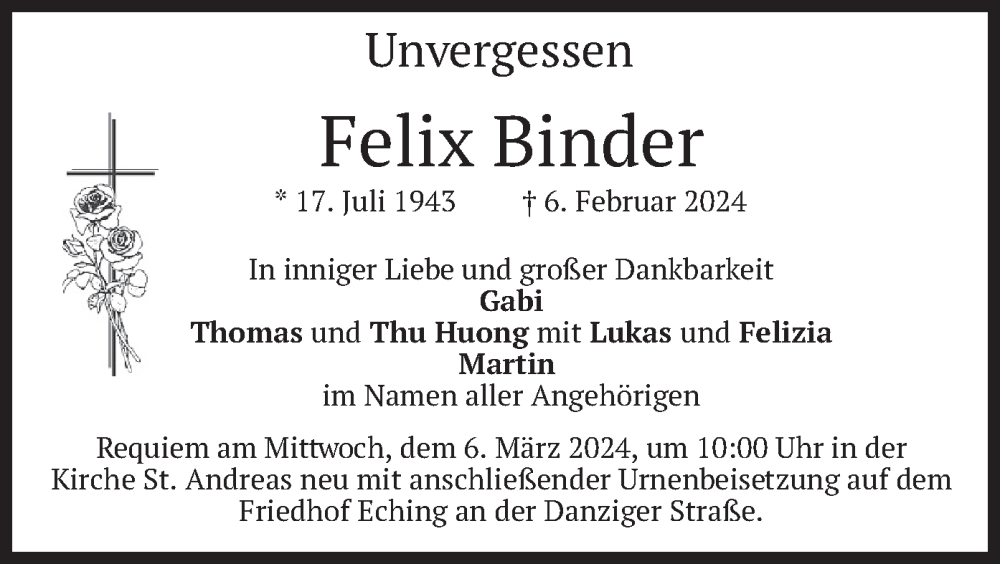  Traueranzeige für Felix Binder vom 02.03.2024 aus merkurtz