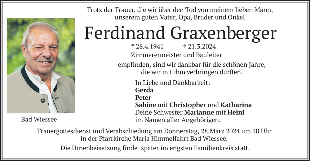  Traueranzeige für Ferdinand Graxenberger vom 26.03.2024 aus merkurtz