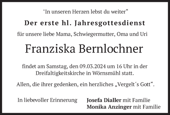 Traueranzeige von Franziska Bernlochner von merkurtz