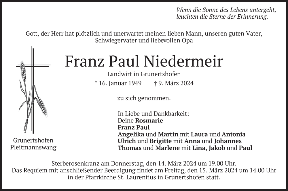 Traueranzeige für Franz Paul Niedermeir vom 13.03.2024 aus merkurtz