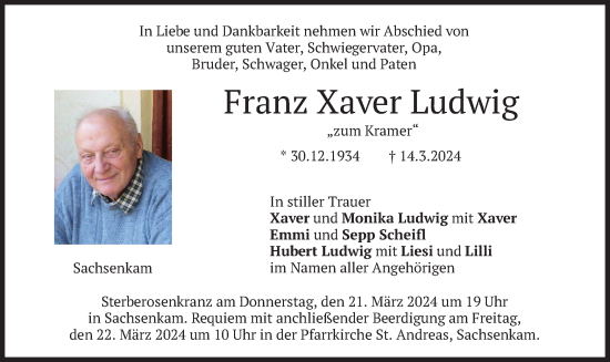 Traueranzeige von Franz Xaver Ludwig von merkurtz