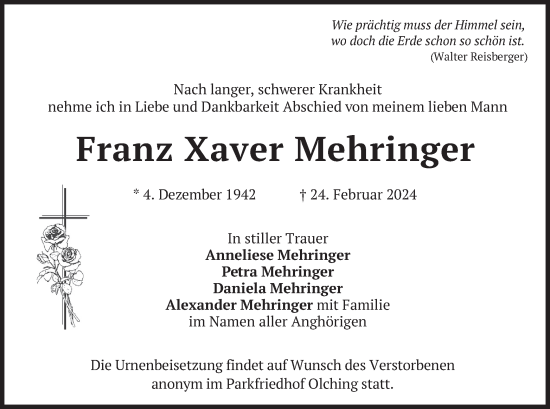Traueranzeige von Franz Xaver Mehringer von merkurtz