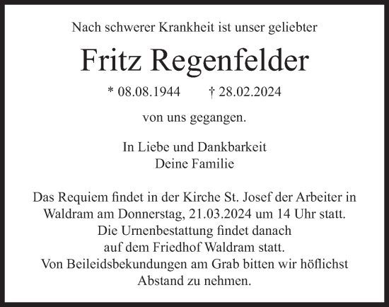 Traueranzeige von Fritz Regenfelder von merkurtz