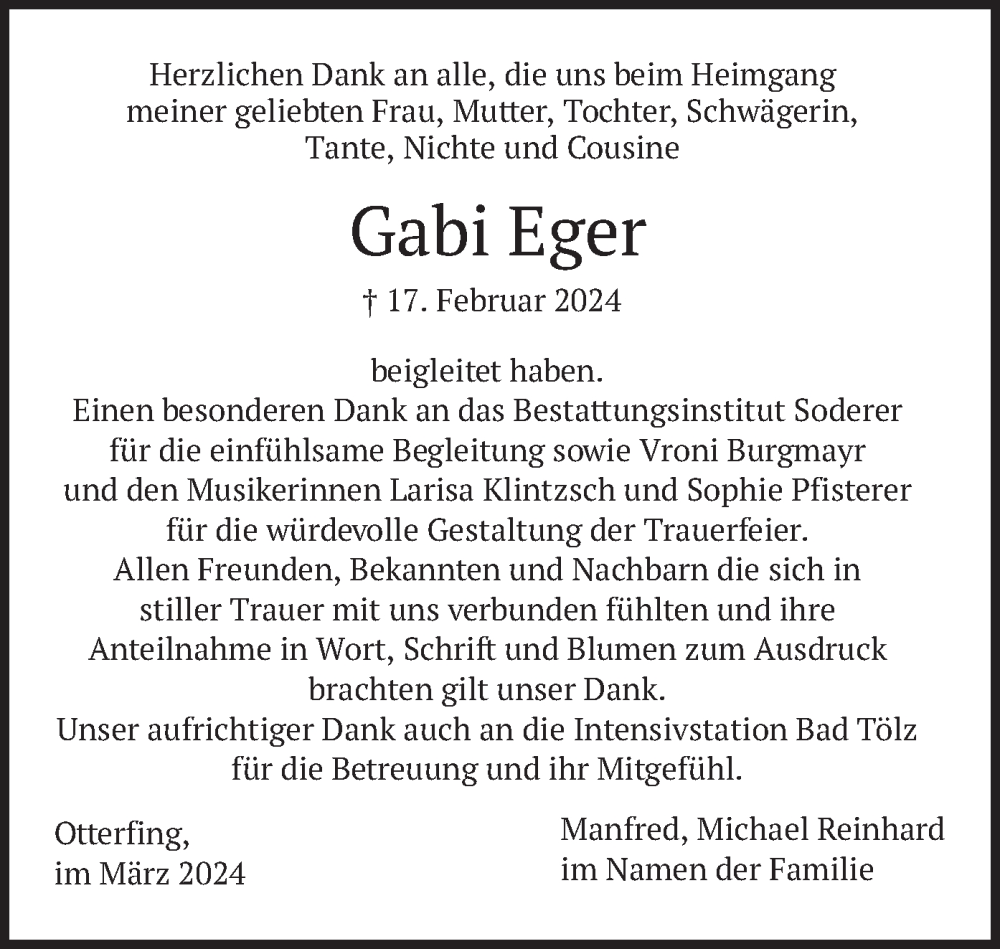  Traueranzeige für Gabi Eger vom 09.03.2024 aus merkurtz