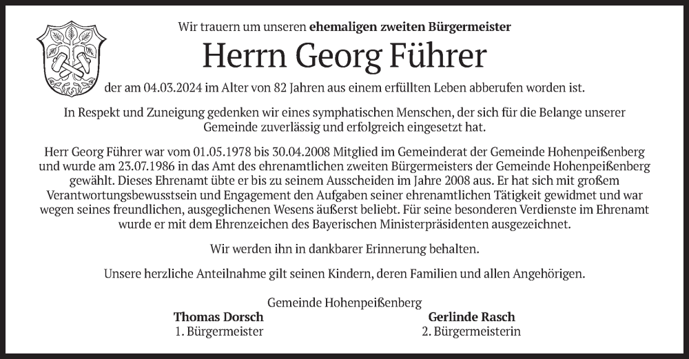  Traueranzeige für Georg Führer vom 07.03.2024 aus merkurtz