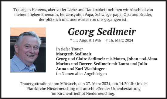 Traueranzeige von Georg Sedlmeir von merkurtz