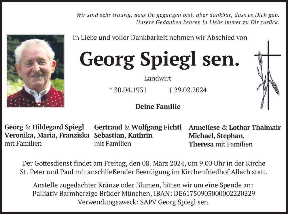  Traueranzeige für Georg Spiegl vom 06.03.2024 aus merkurtz