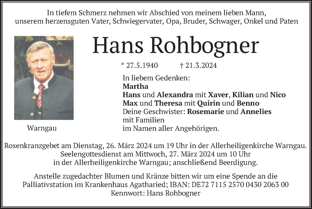  Traueranzeige für Hans Rohbogner vom 23.03.2024 aus merkurtz
