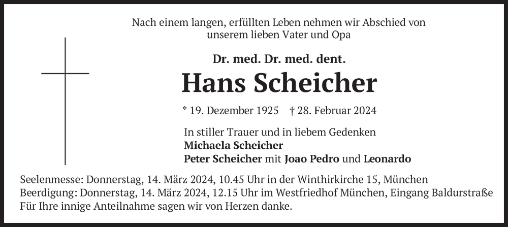  Traueranzeige für Hans Scheicher vom 09.03.2024 aus merkurtz