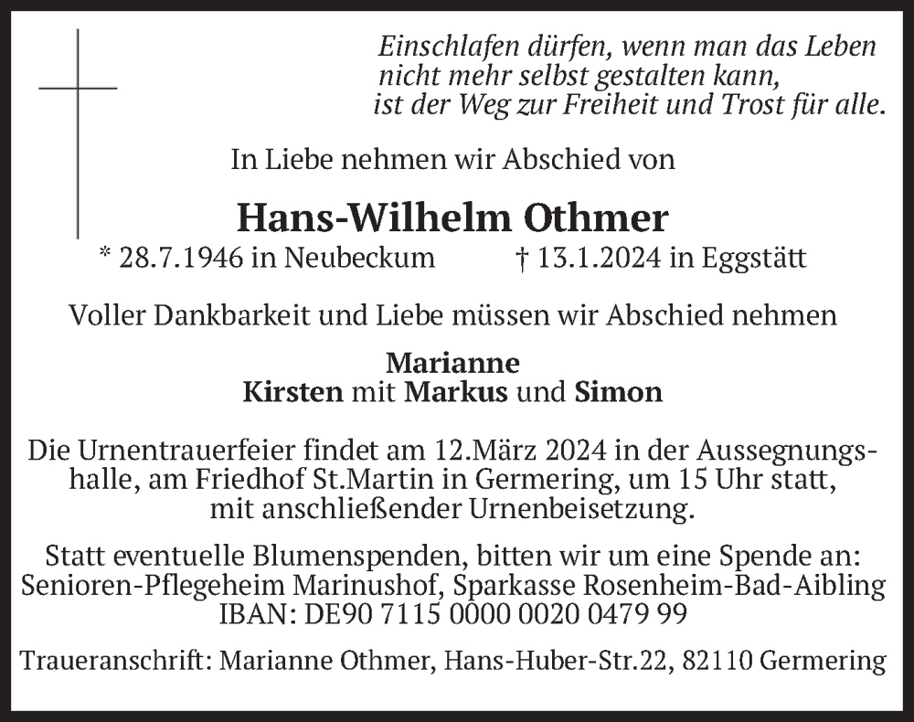  Traueranzeige für Hans-Wilhelm Othmer vom 09.03.2024 aus merkurtz