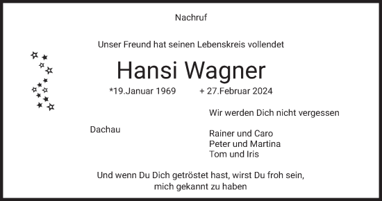 Traueranzeige von Hansi Wagner von merkurtz
