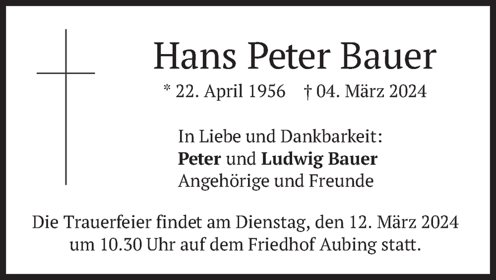  Traueranzeige für Hans Peter Bauer vom 09.03.2024 aus merkurtz