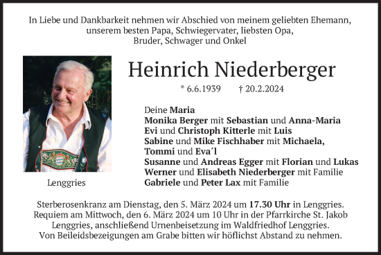 Traueranzeige von Heinrich Niederberger von merkurtz