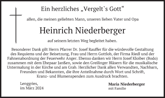 Traueranzeige von Heinrich Niederberger von merkurtz