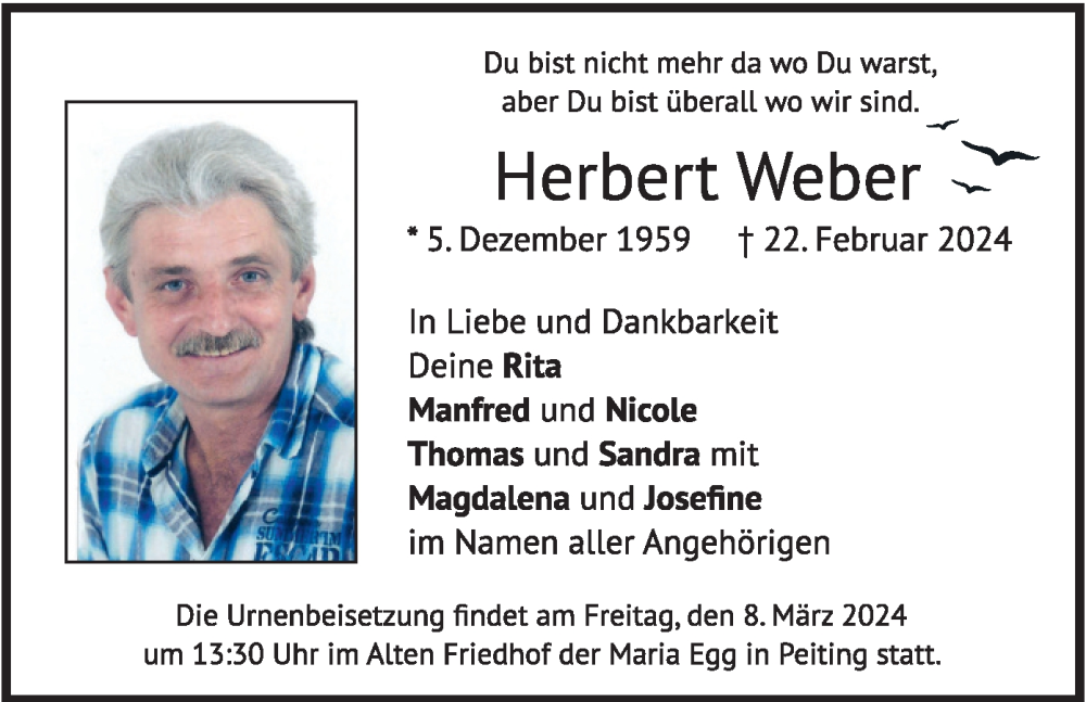  Traueranzeige für Herbert Weber vom 02.03.2024 aus merkurtz