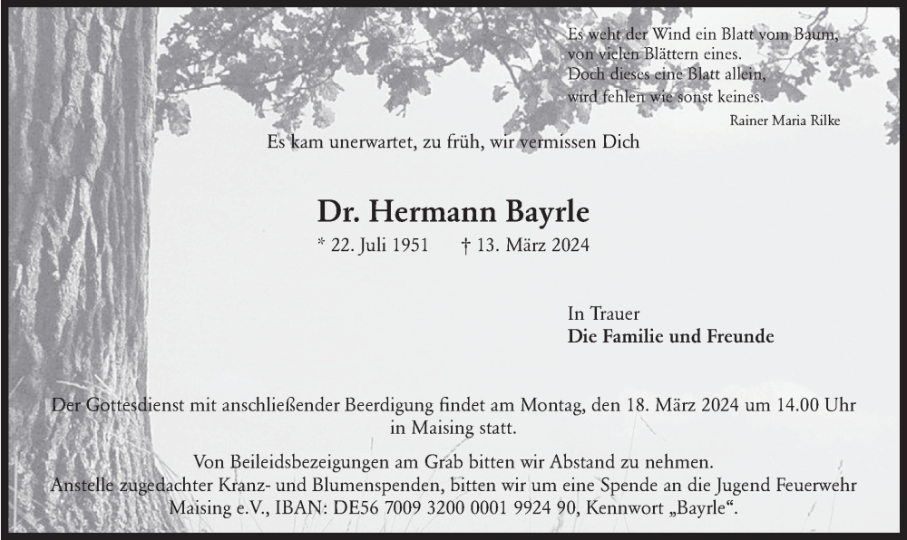 Traueranzeige für Hermann Bayrle vom 15.03.2024 aus merkurtz