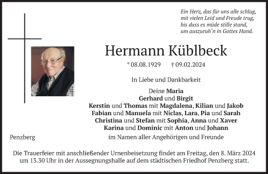 Traueranzeige von Hermann Küblbeck von Das Gelbe Blatt Penzberg