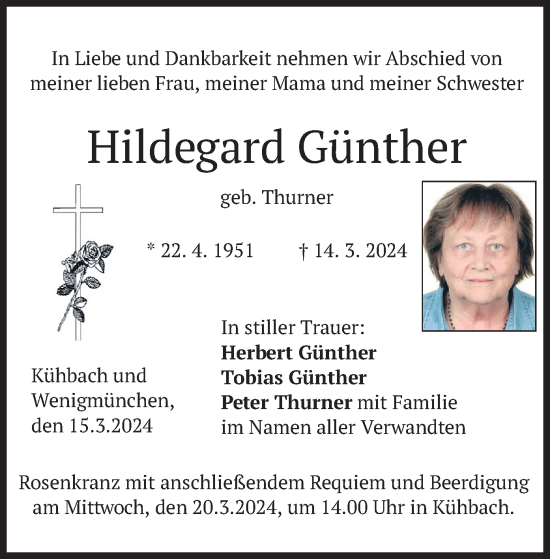 Traueranzeige von Hildegard Günther von merkurtz