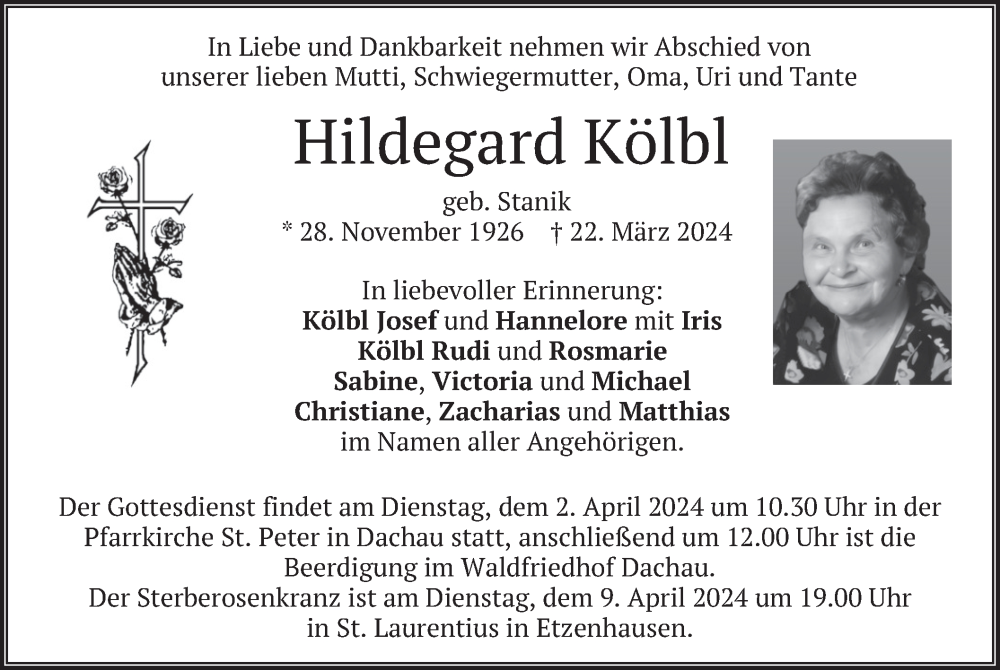  Traueranzeige für Hildegard Kölbl vom 30.03.2024 aus merkurtz