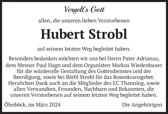 Traueranzeige von Hubert Strobl von merkurtz