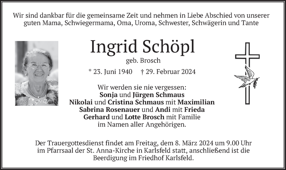  Traueranzeige für Ingrid Schöpl vom 05.03.2024 aus merkurtz