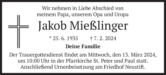 Traueranzeige von Jakob Mießlinger von merkurtz