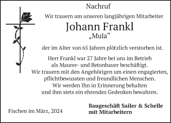 Traueranzeige von Johann Frankl von merkurtz