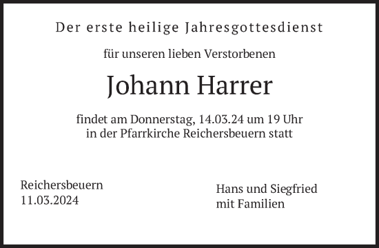 Traueranzeige von Johann Harrer von merkurtz
