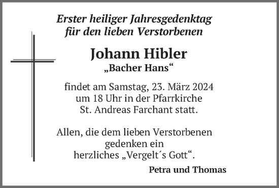 Traueranzeige von Johann Hibler von merkurtz