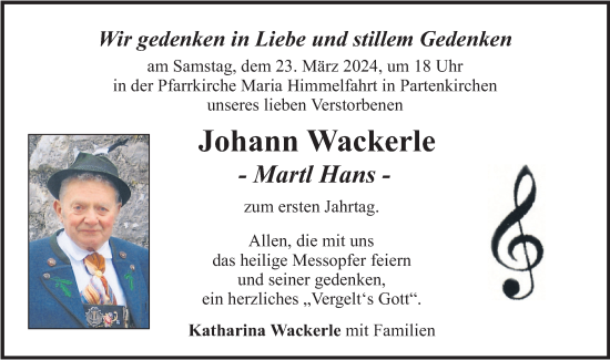 Traueranzeige von Johann Wackerle von merkurtz