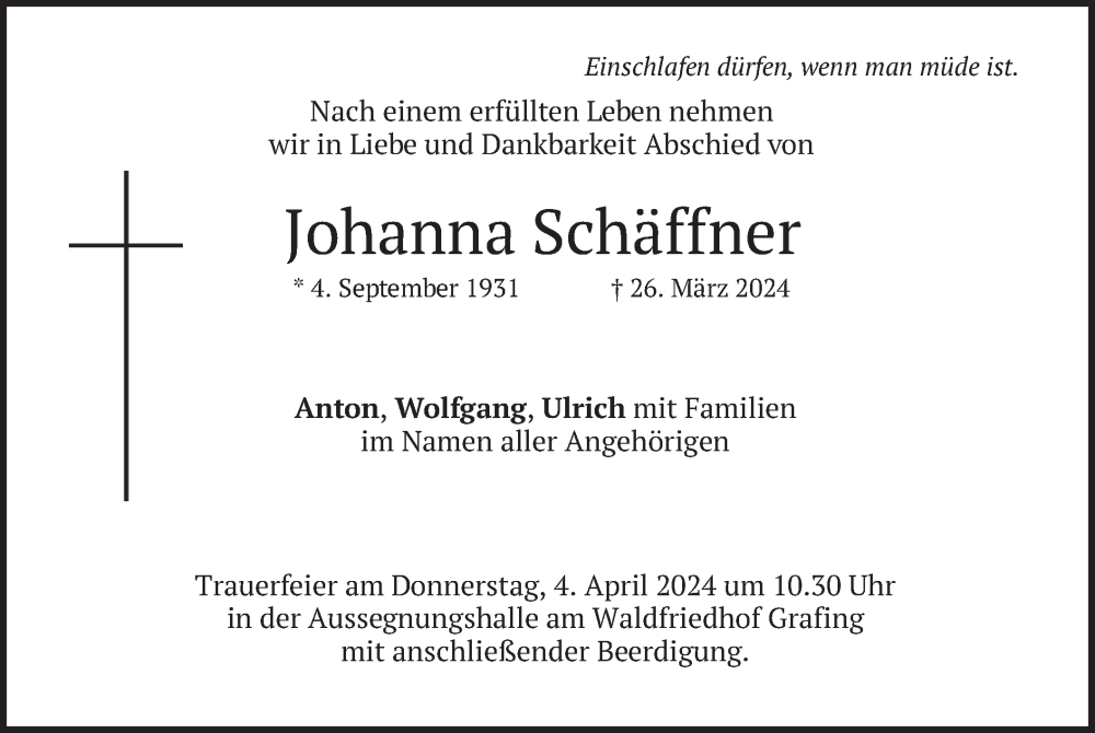  Traueranzeige für Johanna Schäffner vom 30.03.2024 aus merkurtz