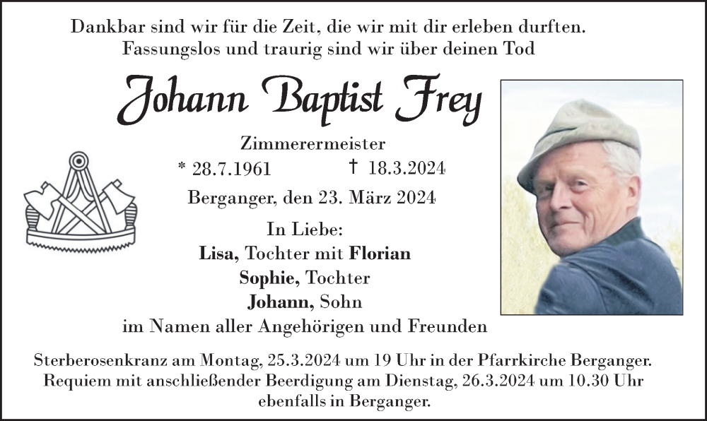  Traueranzeige für Johann Baptist Frey vom 23.03.2024 aus merkurtz