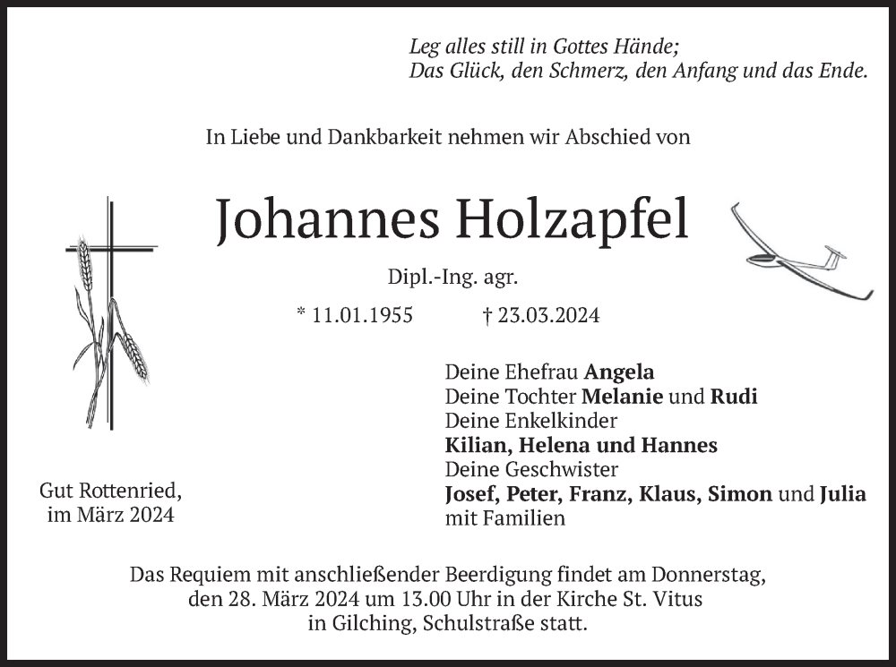  Traueranzeige für Johannes Holzapfel vom 26.03.2024 aus merkurtz