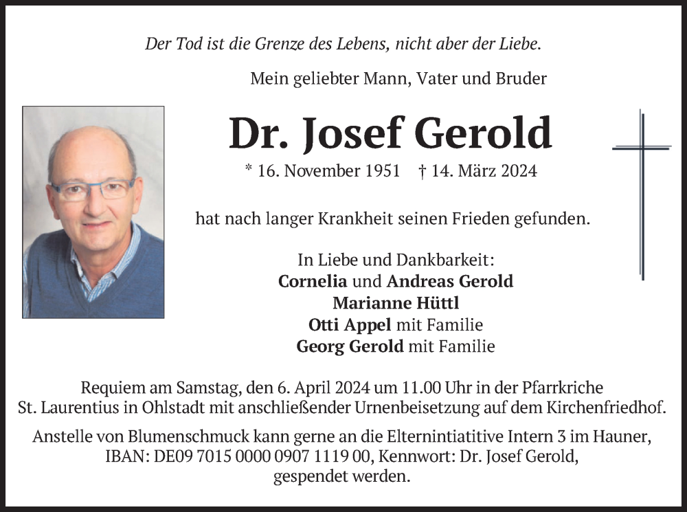  Traueranzeige für Josef Gerold vom 30.03.2024 aus merkurtz