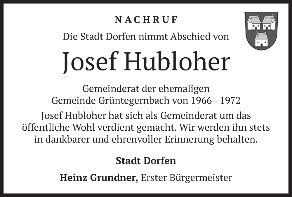  Traueranzeige für Josef Hubloher vom 02.03.2024 aus merkurtz