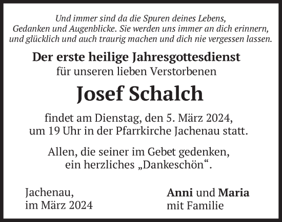 Traueranzeige von Josef Schalch von merkurtz