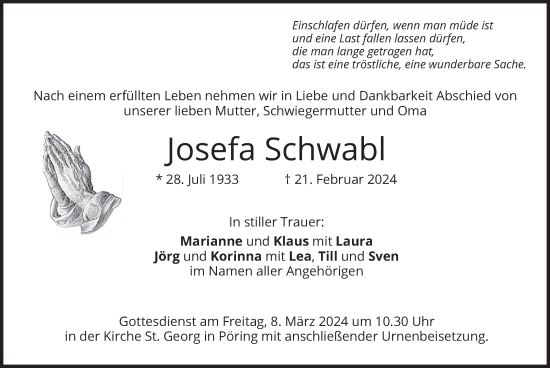 Traueranzeige von Josefa Schwabl von merkurtz