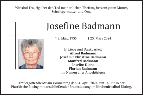 Traueranzeige von Josefine Badmann von merkurtz