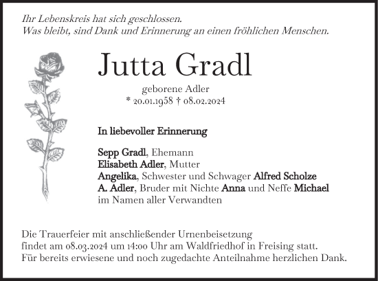 Traueranzeige von Jutta Gradl von merkurtz