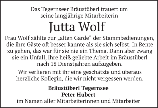 Traueranzeige von Jutta Wolf von merkurtz