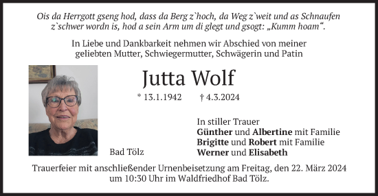 Traueranzeige von Jutta Wolf von merkurtz