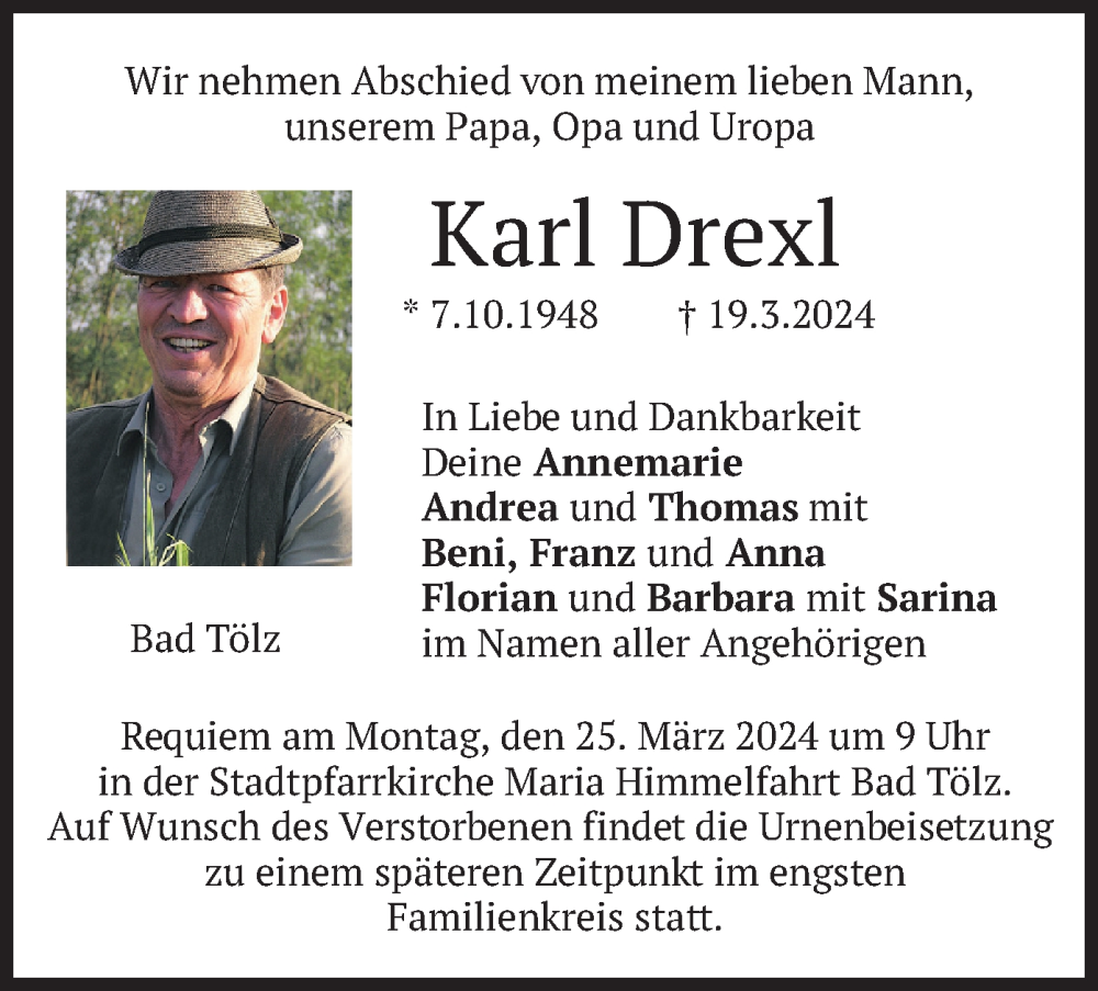  Traueranzeige für Karl Drexl vom 23.03.2024 aus merkurtz