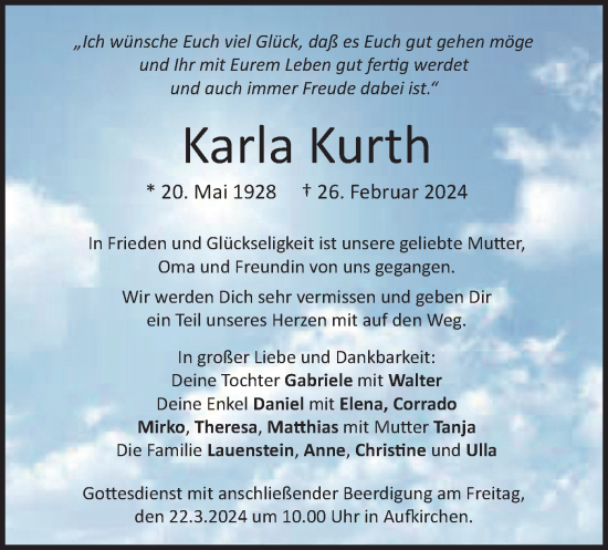 Traueranzeige von Karla Kurth von merkurtz