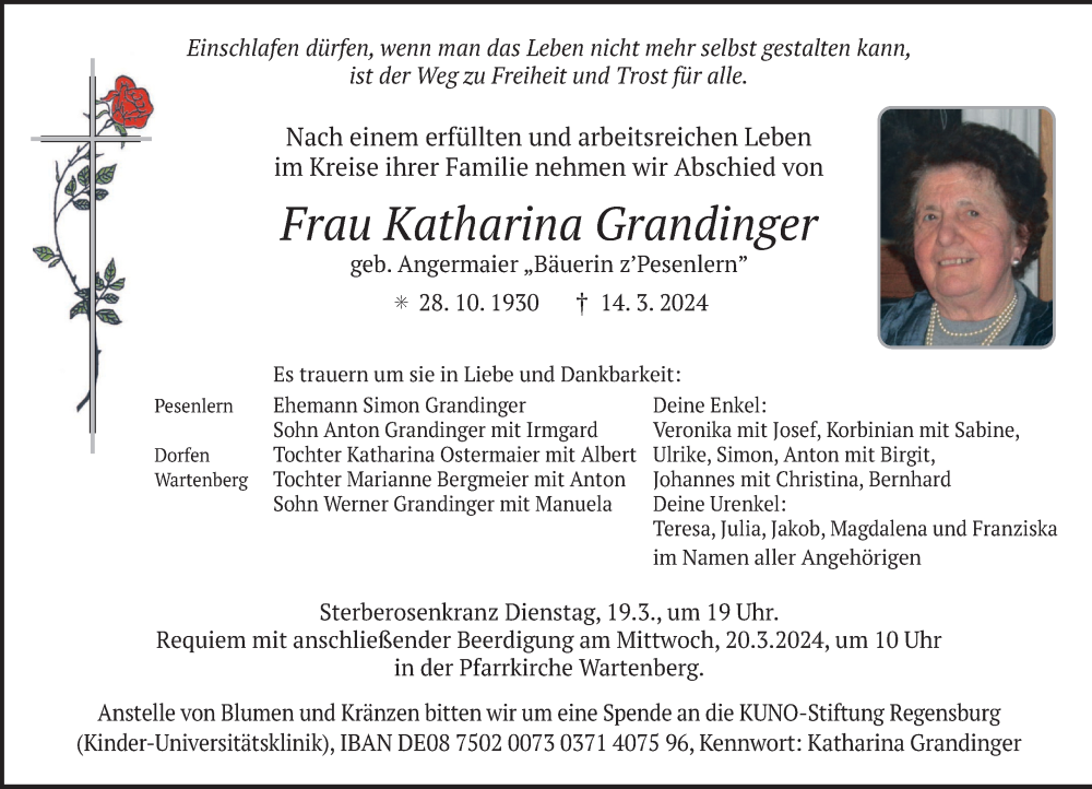  Traueranzeige für Katharina Grandinger vom 18.03.2024 aus merkurtz