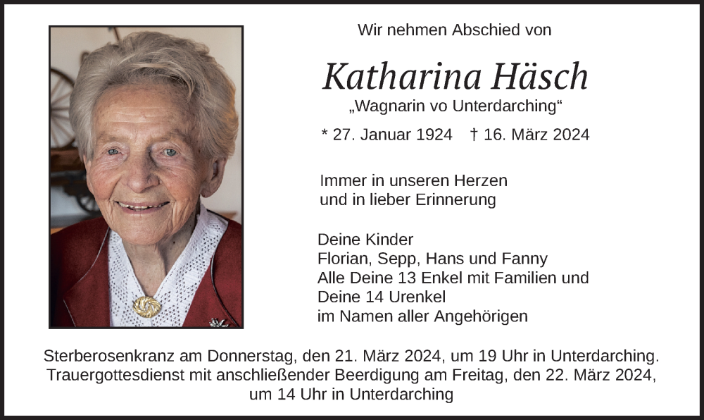 Traueranzeige für Katharina Häsch vom 20.03.2024 aus merkurtz